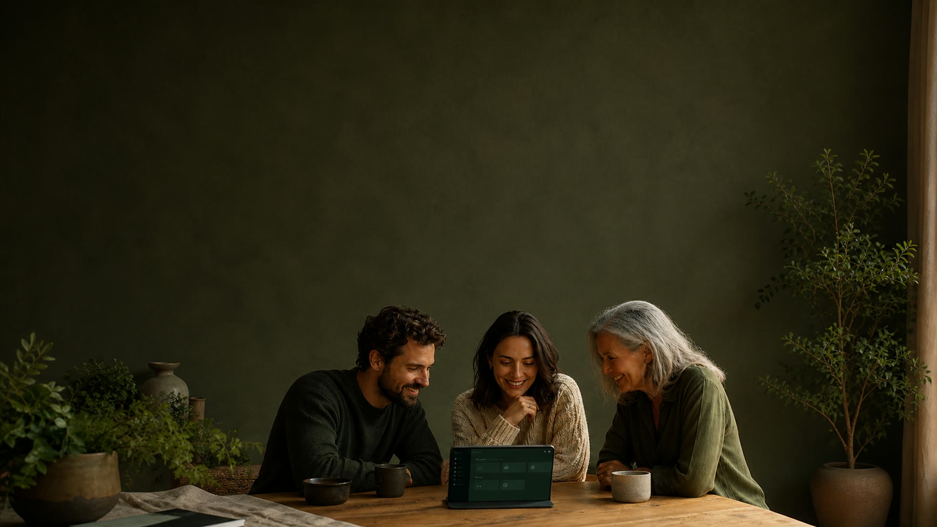People sharing a real moment around a table in a warm green home